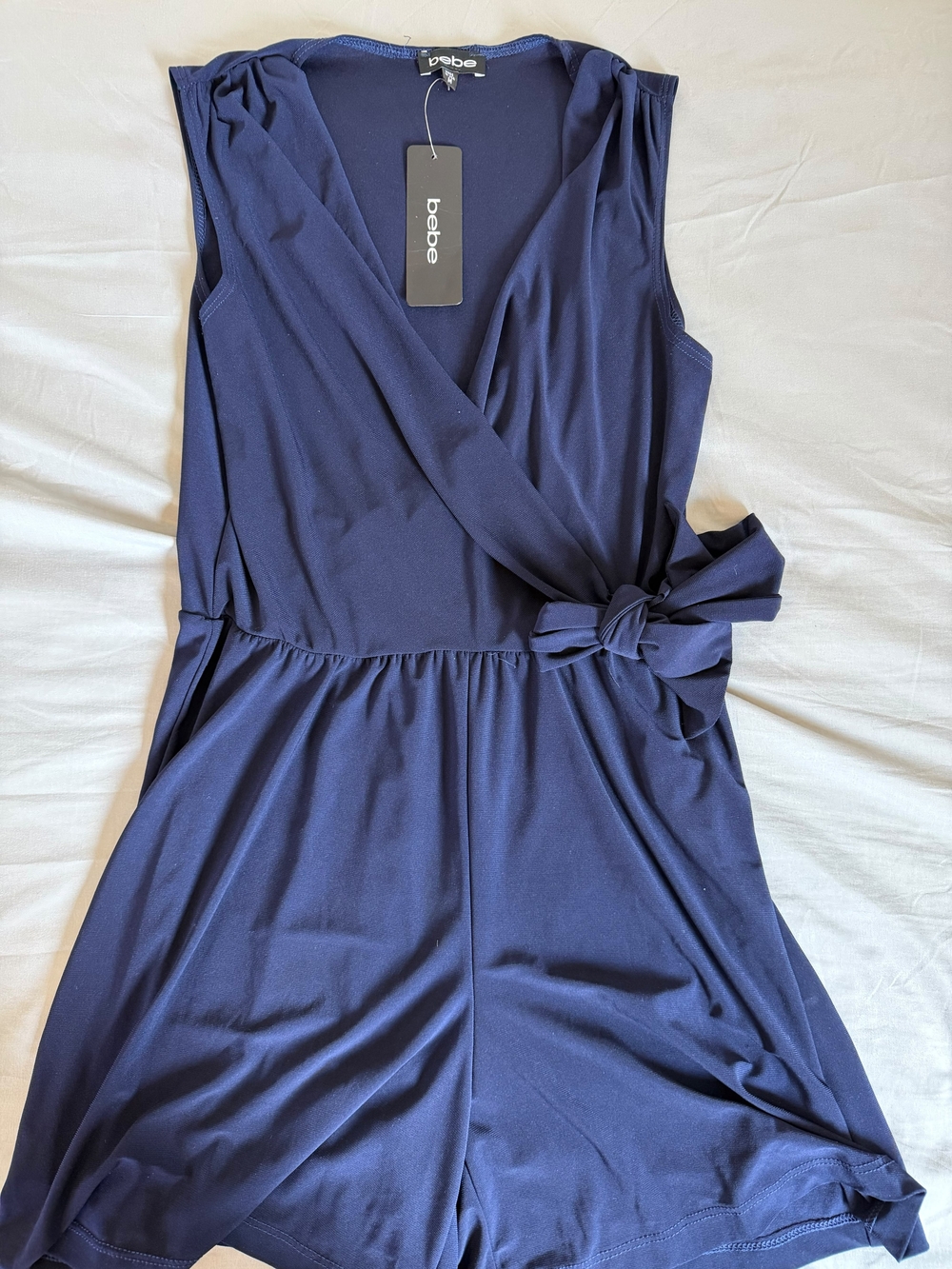 bebe Navy One-Shoulder Wrap Romper with Side Tie
